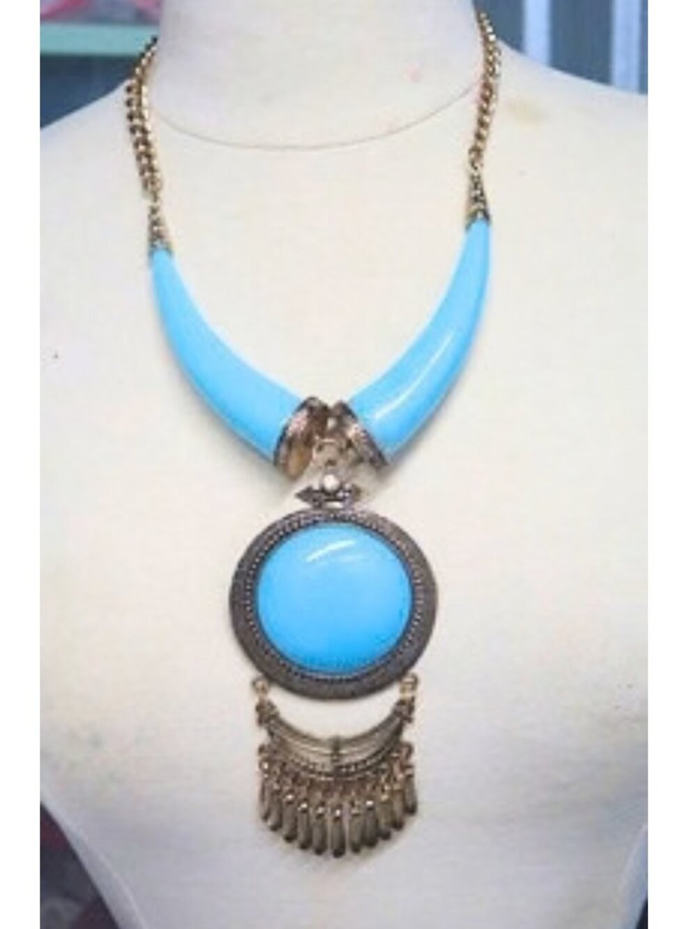 Turquoise Blue Statement Necklace Gold Tone Round Pendant Fringe Boho